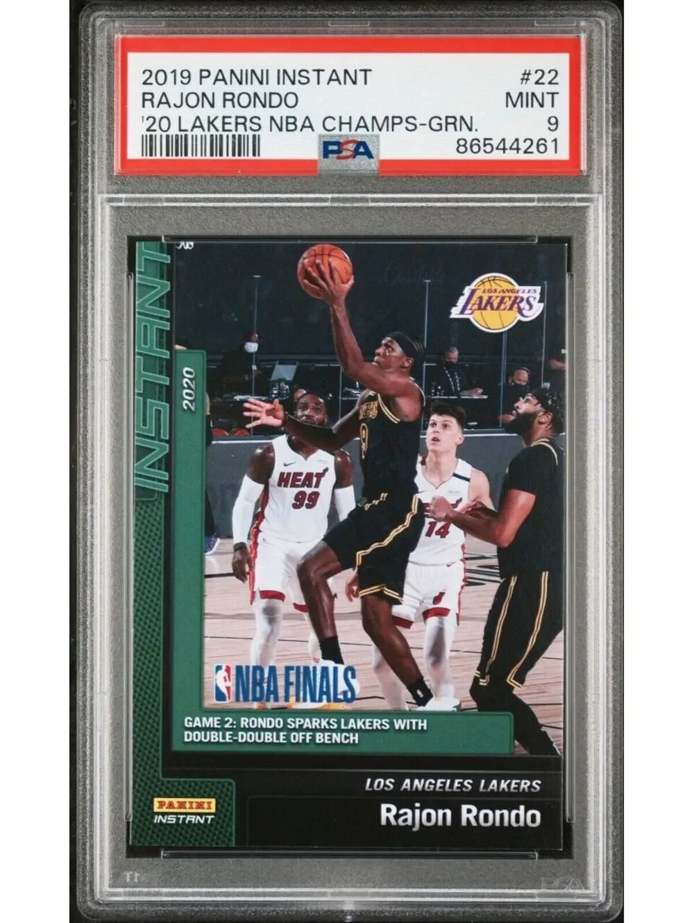 Rajon Rondo 2020 Panini LA Lakers NBA Champions #22 Green Card 10/10 PSA 9 Mint